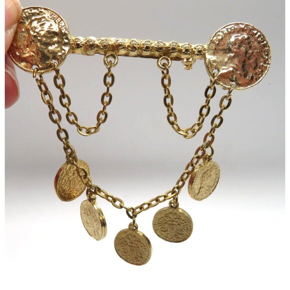 Vintage Imitation Coin Brooch 3" Gold Tone Pin Draped Chain Dangle Faux Change - Picture 4 of 12